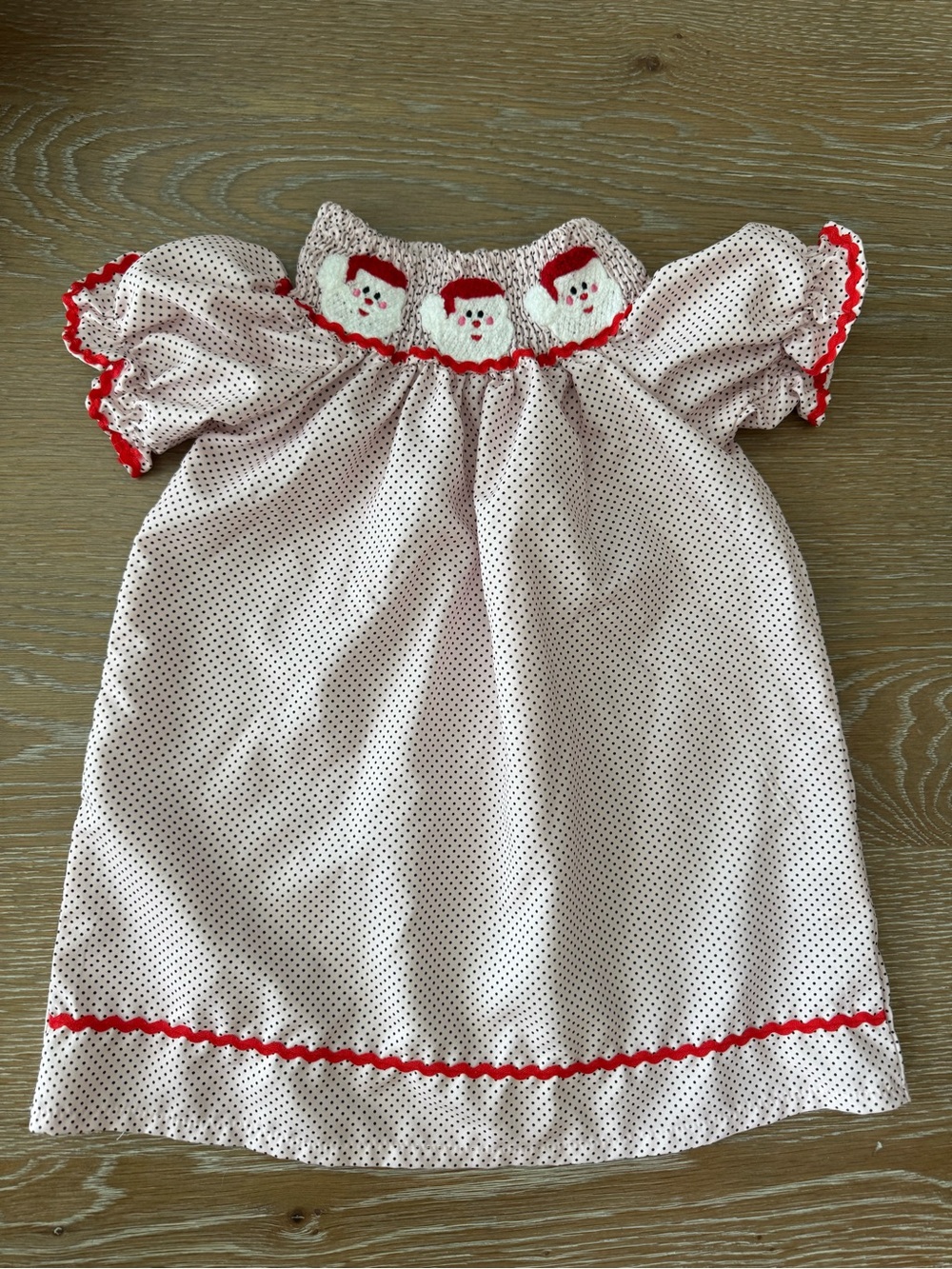 Girls' White Polka Dot Dress with Santa Motif and Red Ric Rac Trim